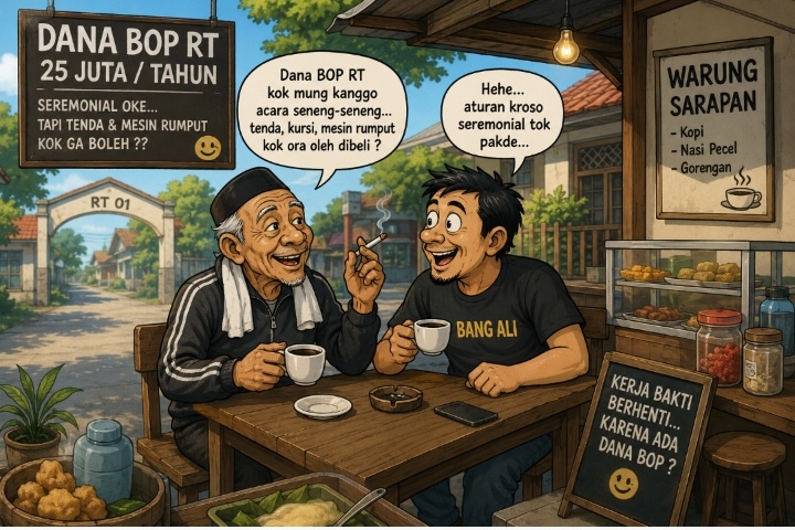 CORETAN BANG_ALI : Ngopi Bareng Mbah Joyo: Dana BOP, Seremonial Jalan Terus, Inventaris Kampung Gigit Jari